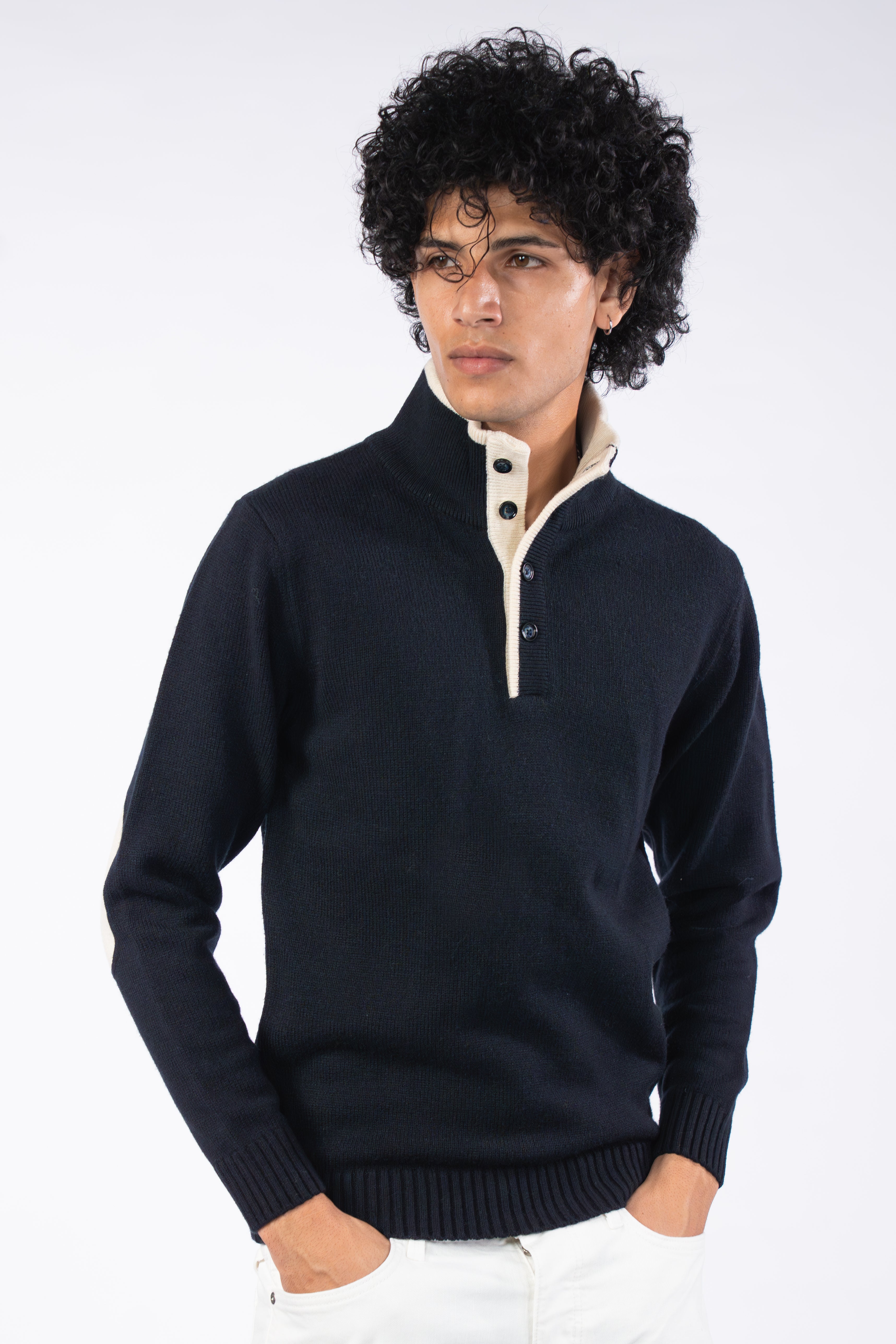Men’s Navy Solid Standing Collar Sweater